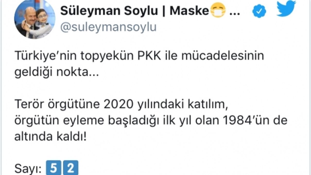 İçişleri Bakan'ı Soylu: PKK'ya 2020'de 52 kişinin katıldı
